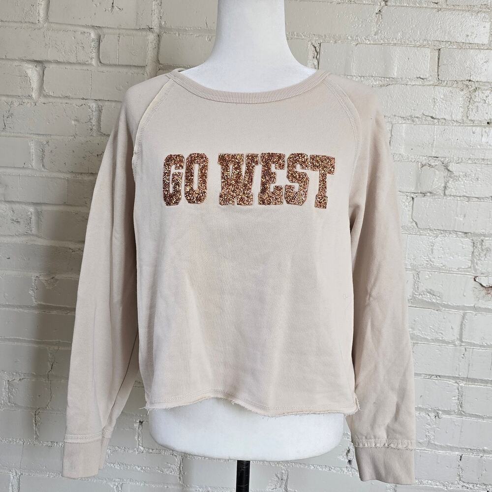 ​Blended Clothing Inc Go West Sequin Cropped Sweatshirt Beige Cream Cowgirlcore